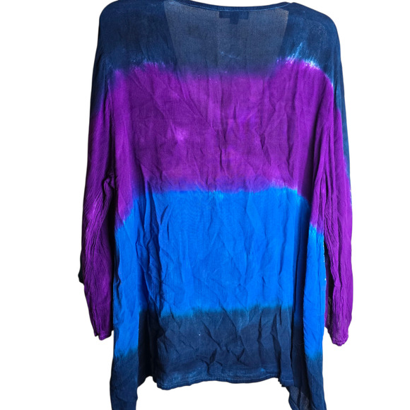 Women’s Large Purple Blue Tie Dye Beaded Boho Embroidered Tunic Shirt Blouse - Picture 3 of 4